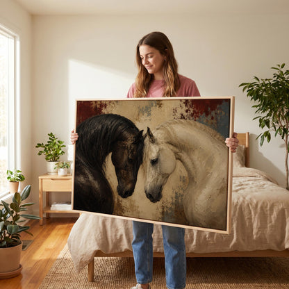 Dark and white horses bowing their heads toward each other, canvas print styled against a soft white wall