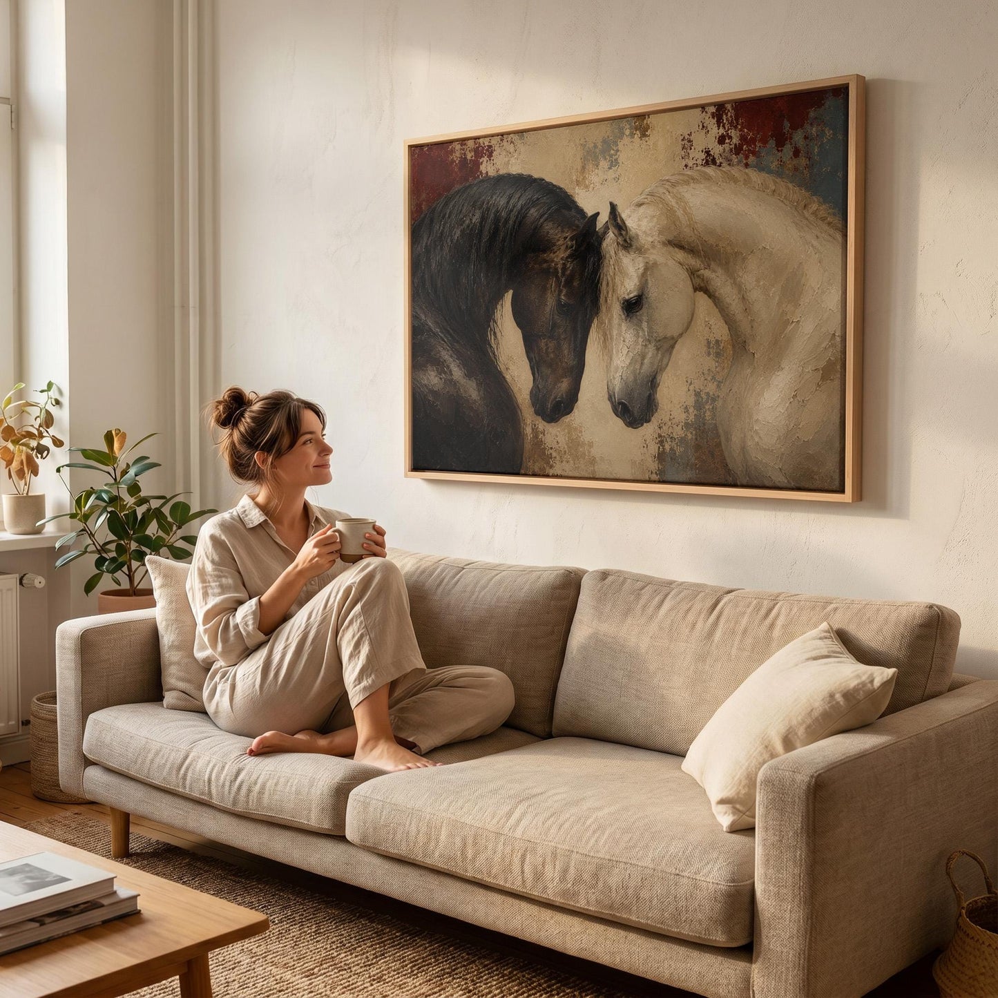 Dark and white horses bowing their heads toward each other, canvas print presented in a light, minimal room