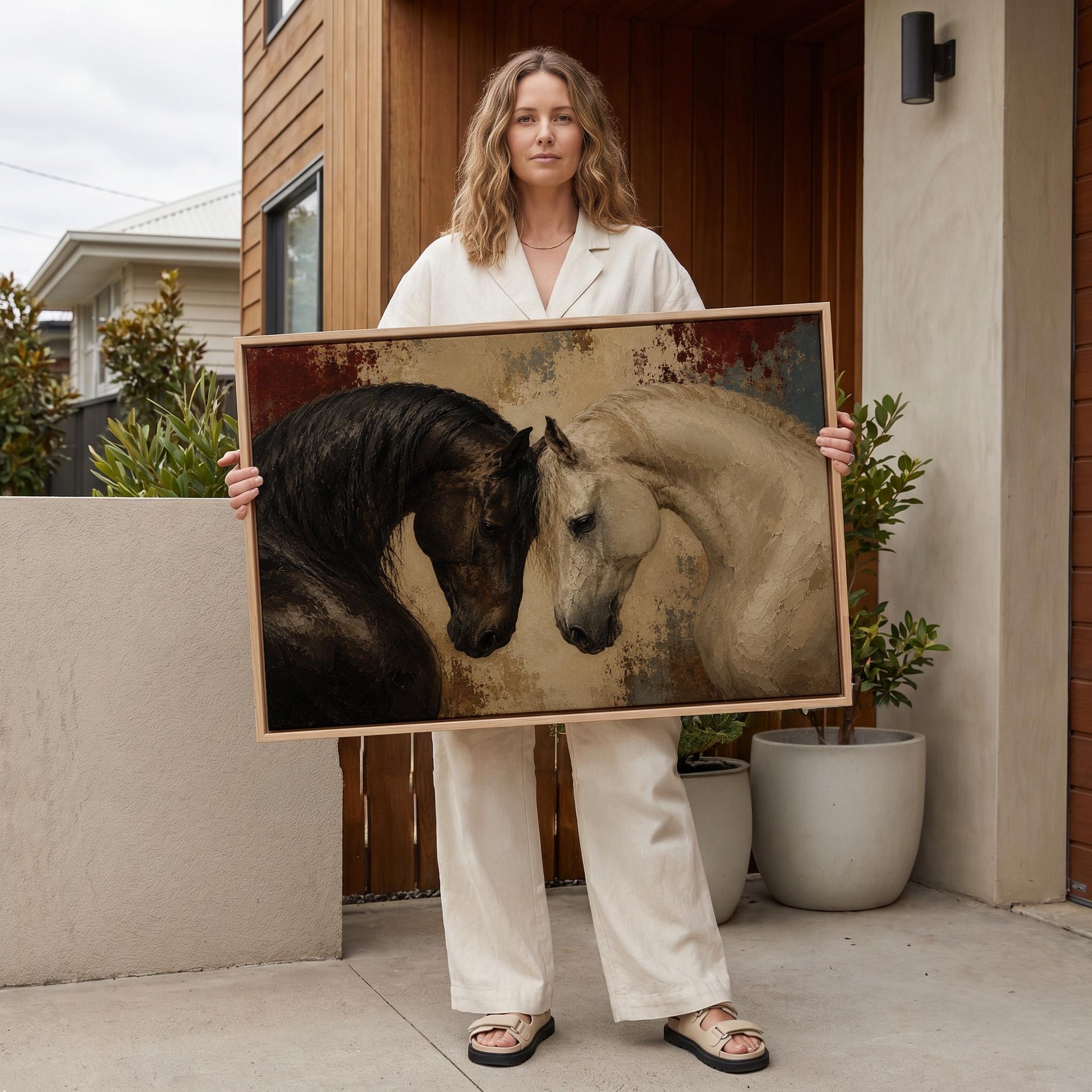Dark and white horses bowing their heads toward each other, canvas wall art hanging in a calm, modern living space