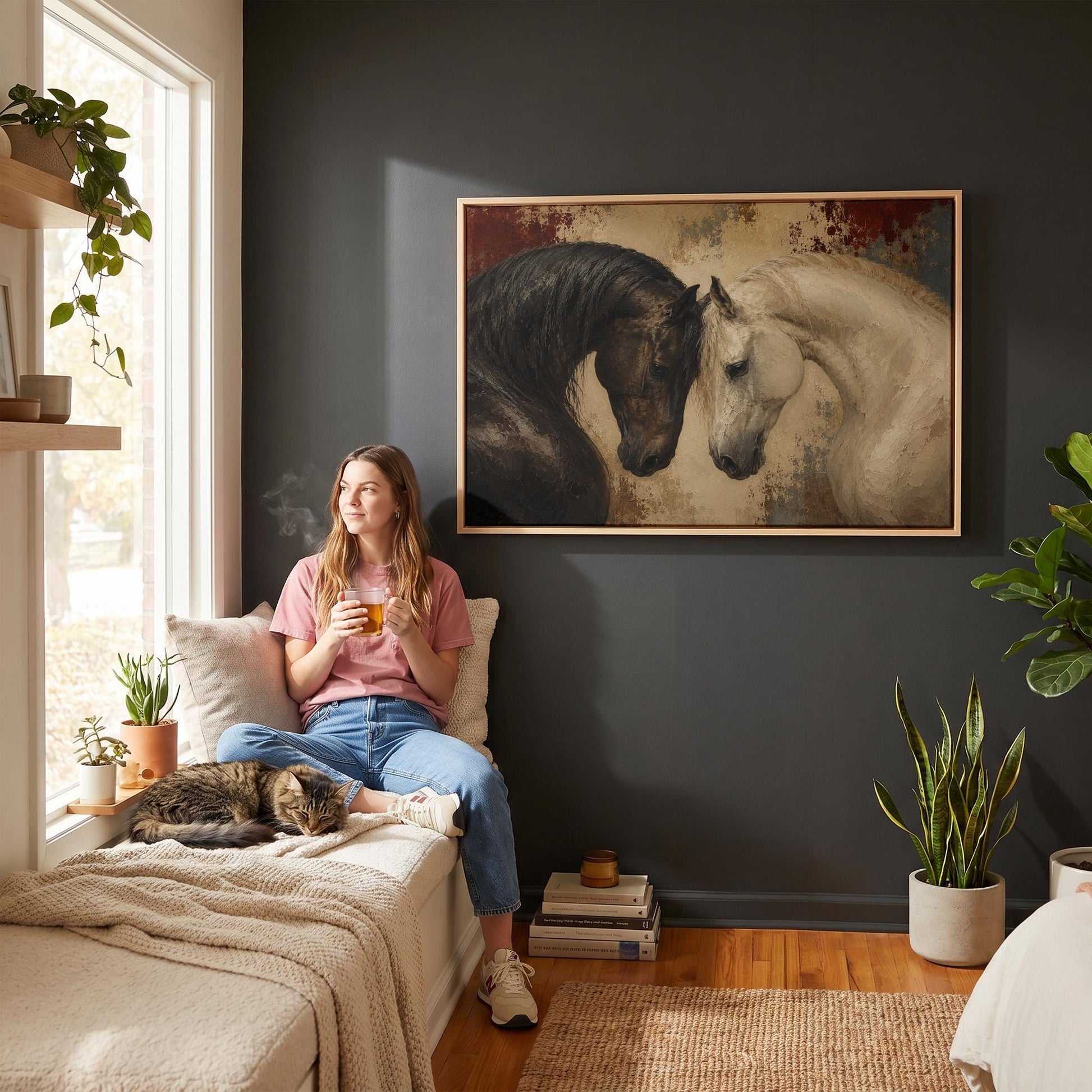Dark and white horses bowing their heads toward each other, canvas wall art styled against a soft white wall