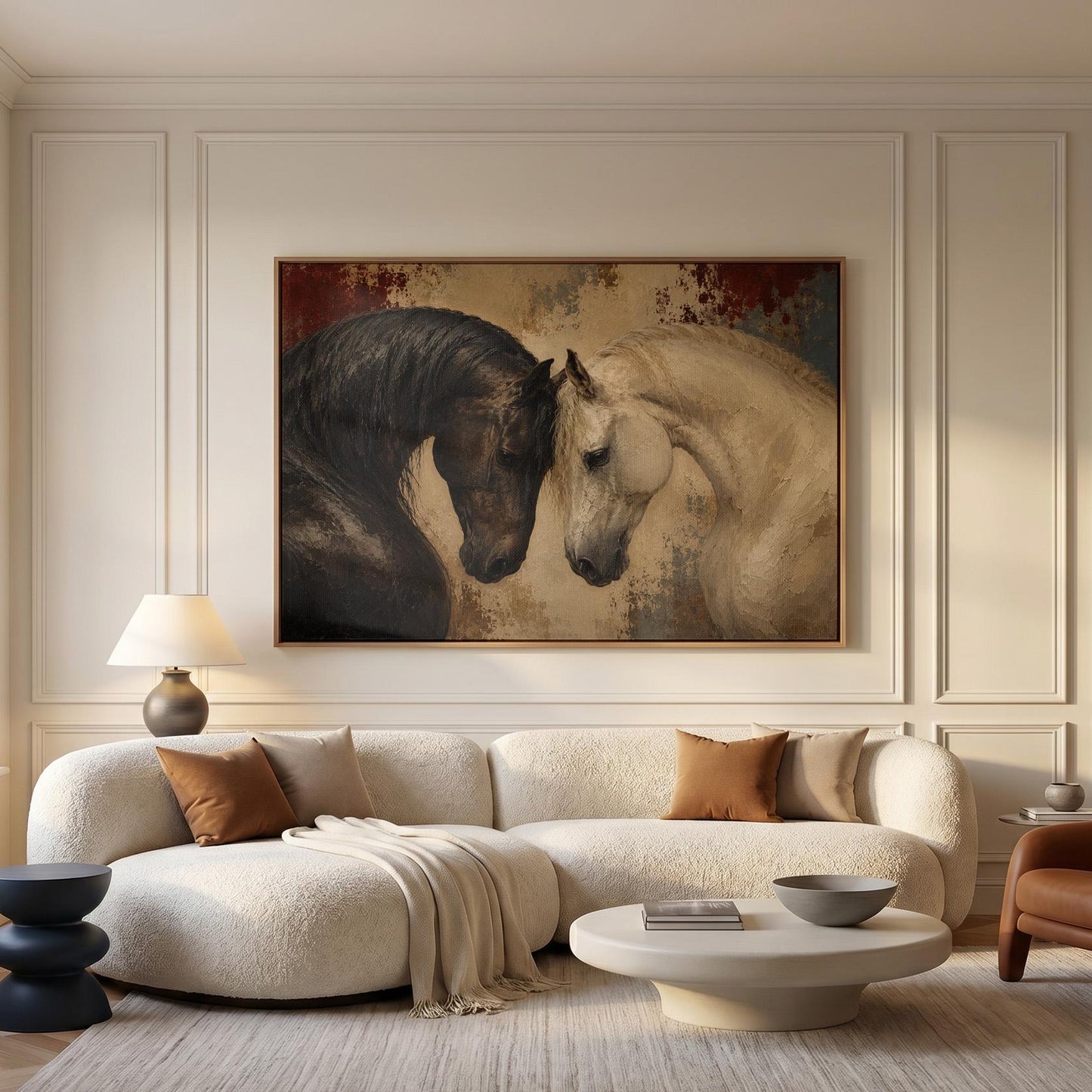 Dark and white horses bowing their heads toward each other, canvas wall art seen in a warm interior with natural light