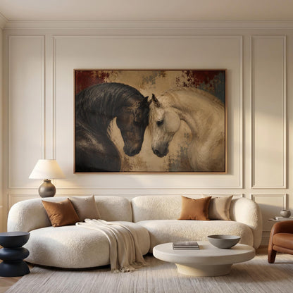 Dark and white horses bowing their heads toward each other, canvas wall art seen in a warm interior with natural light