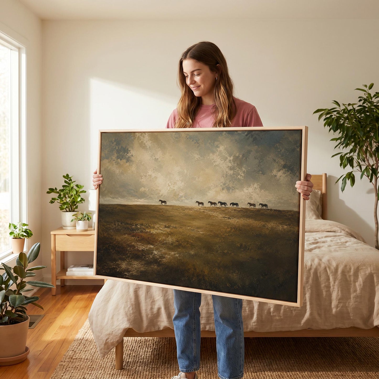 Row of horses on the far edge of a dark olive field, canvas print hanging in a calm, modern living space