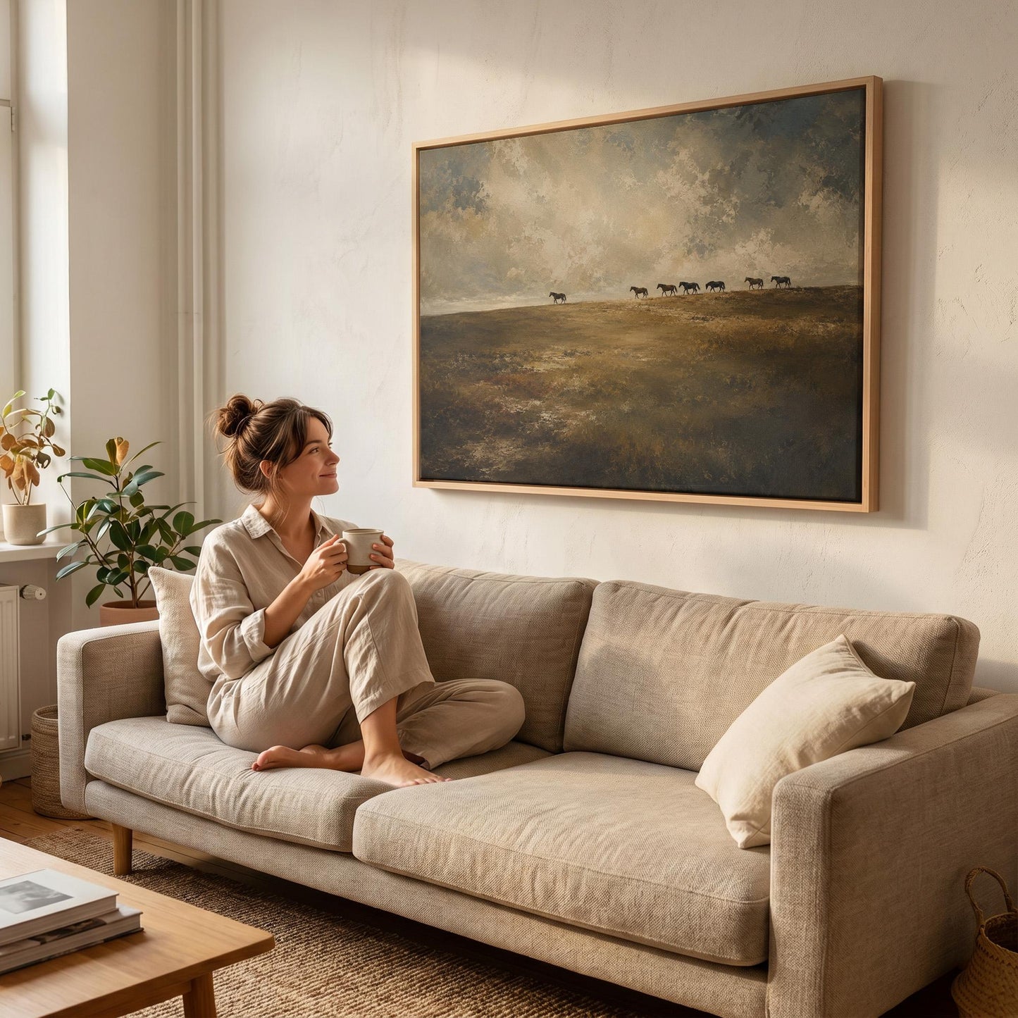 Row of horses on the far edge of a dark olive field, canvas wall art hanging in a calm, modern living space