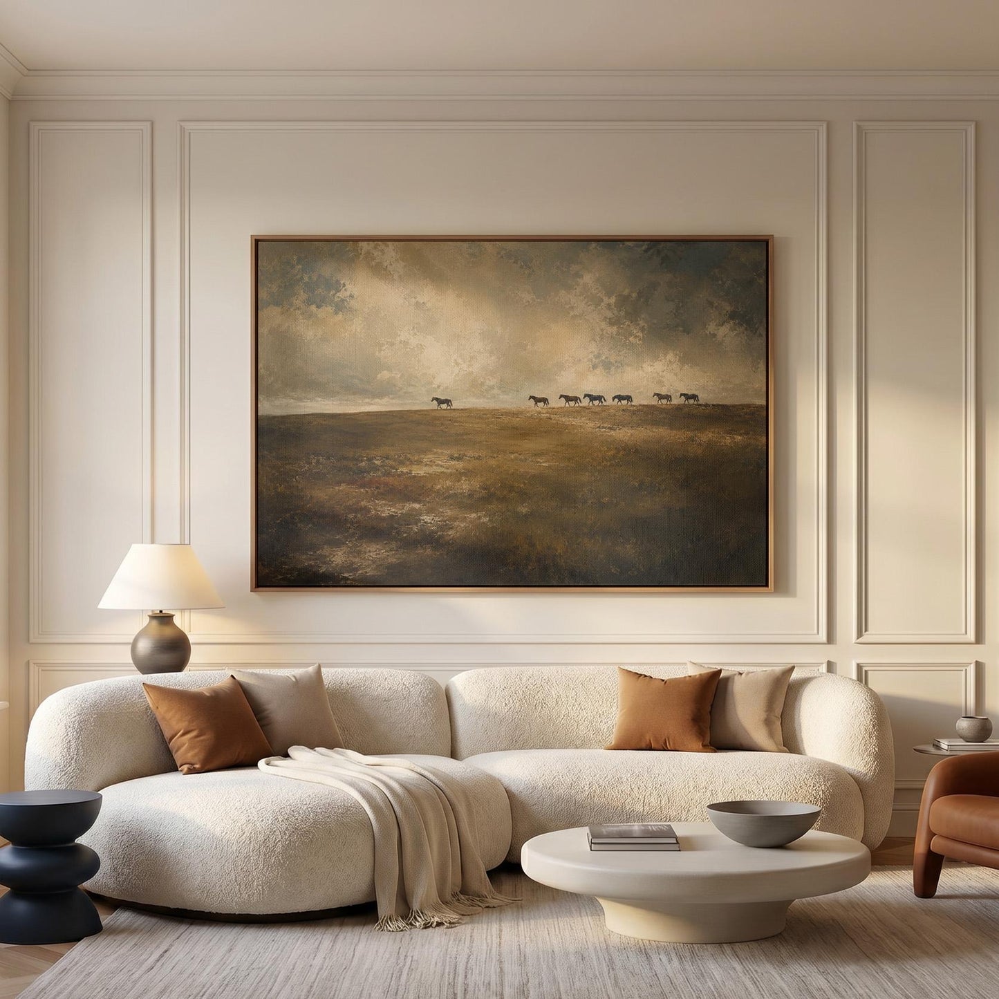Row of horses on the far edge of a dark olive field, canvas wall art styled against a soft white wall