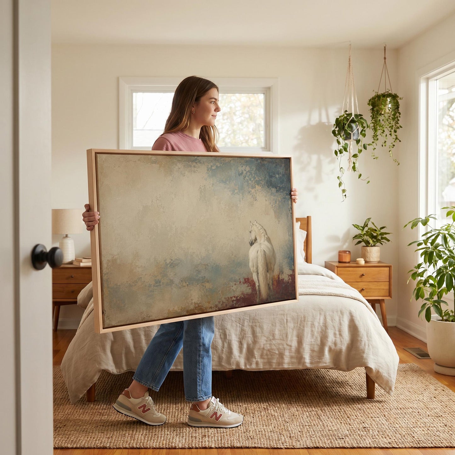 White horse seen from behind against a weathered blue and cream ground, canvas print hanging in a calm, modern living space