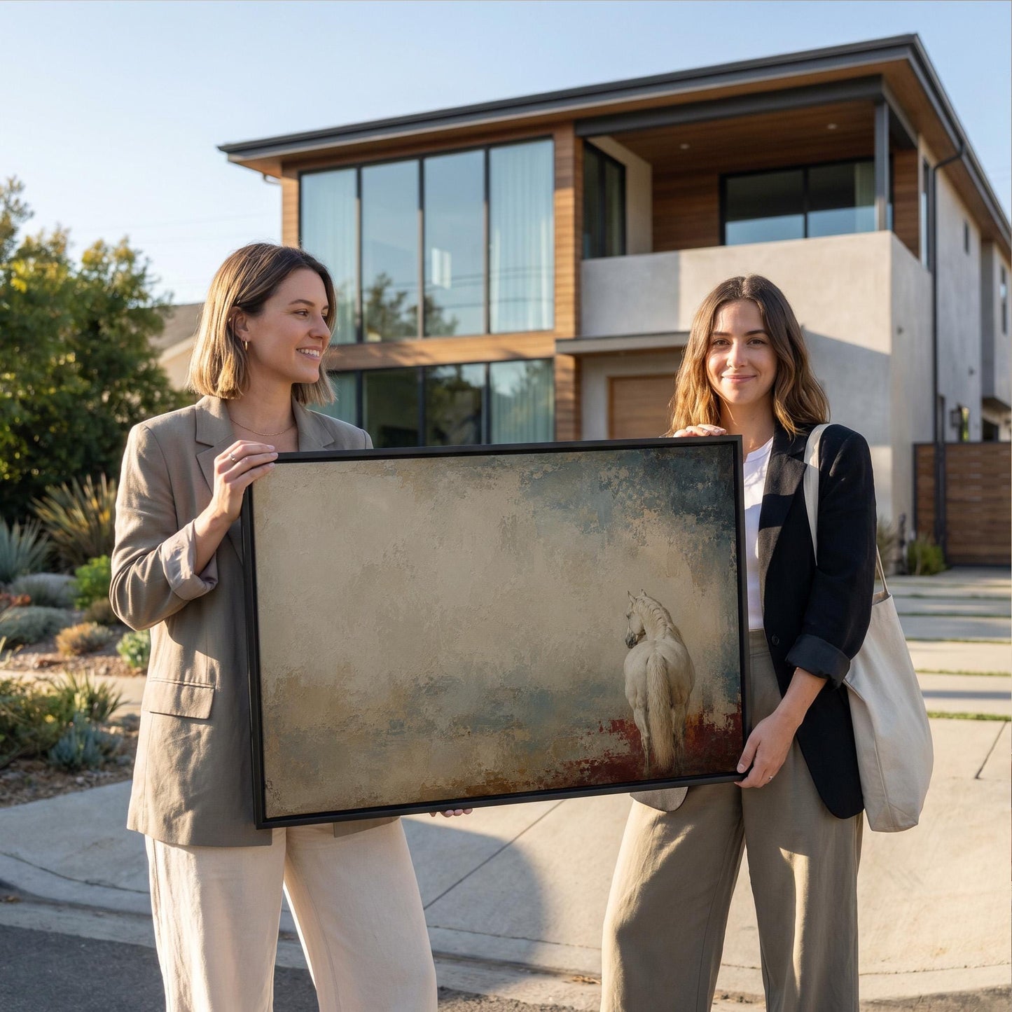 White horse seen from behind against a weathered blue and cream ground, canvas print shown to scale in a furnished room
