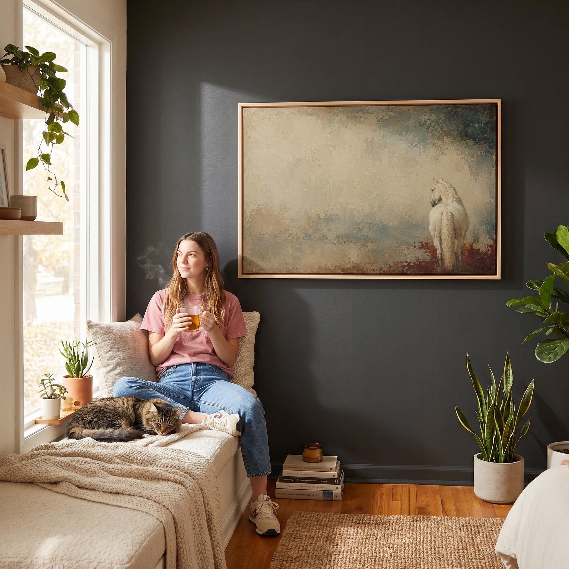 White horse seen from behind against a weathered blue and cream ground, canvas print shown in a sunlit, contemporary room