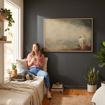 White horse seen from behind against a weathered blue and cream ground, canvas print shown in a sunlit, contemporary room
