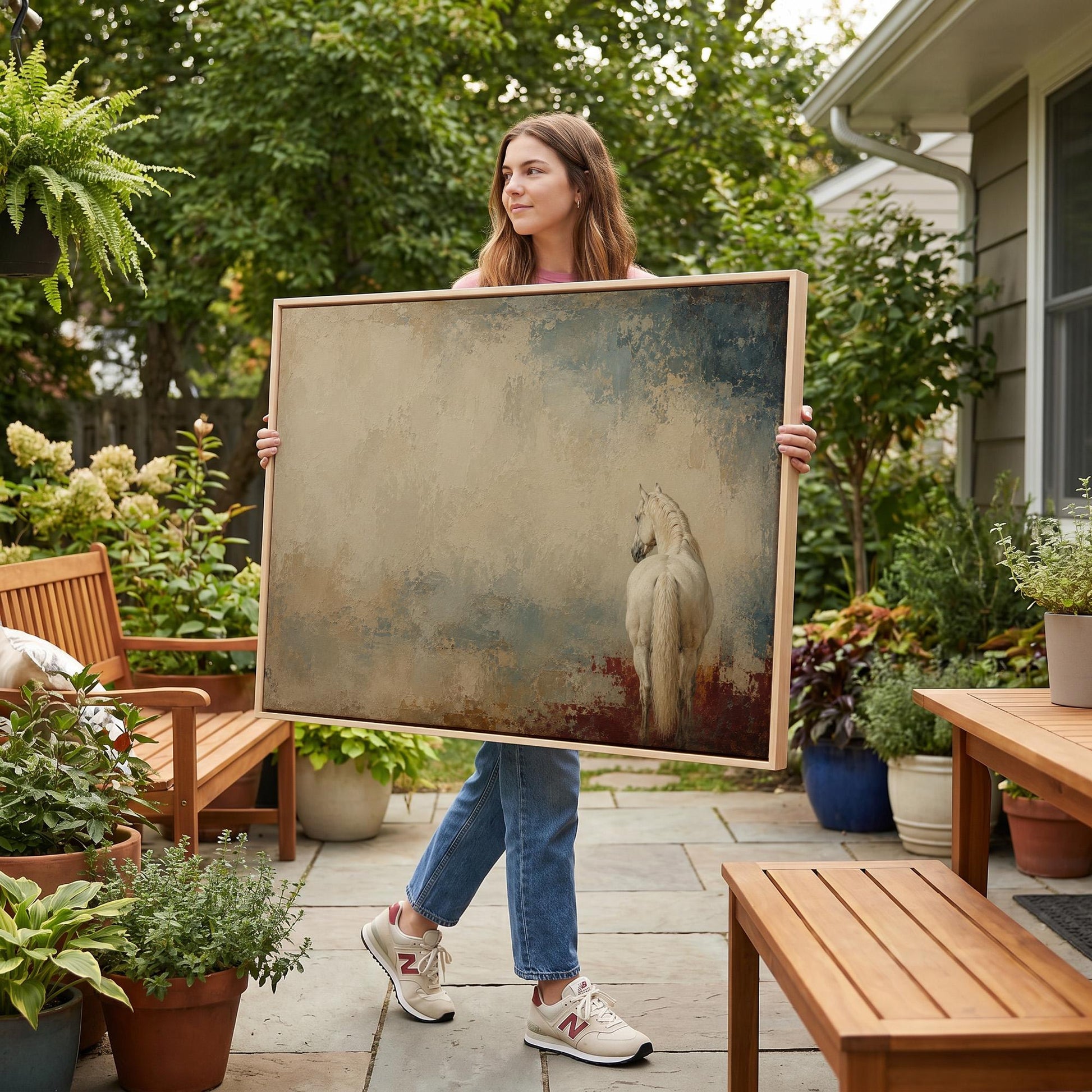 White horse seen from behind against a weathered blue and cream ground, canvas wall art styled against a soft white wall