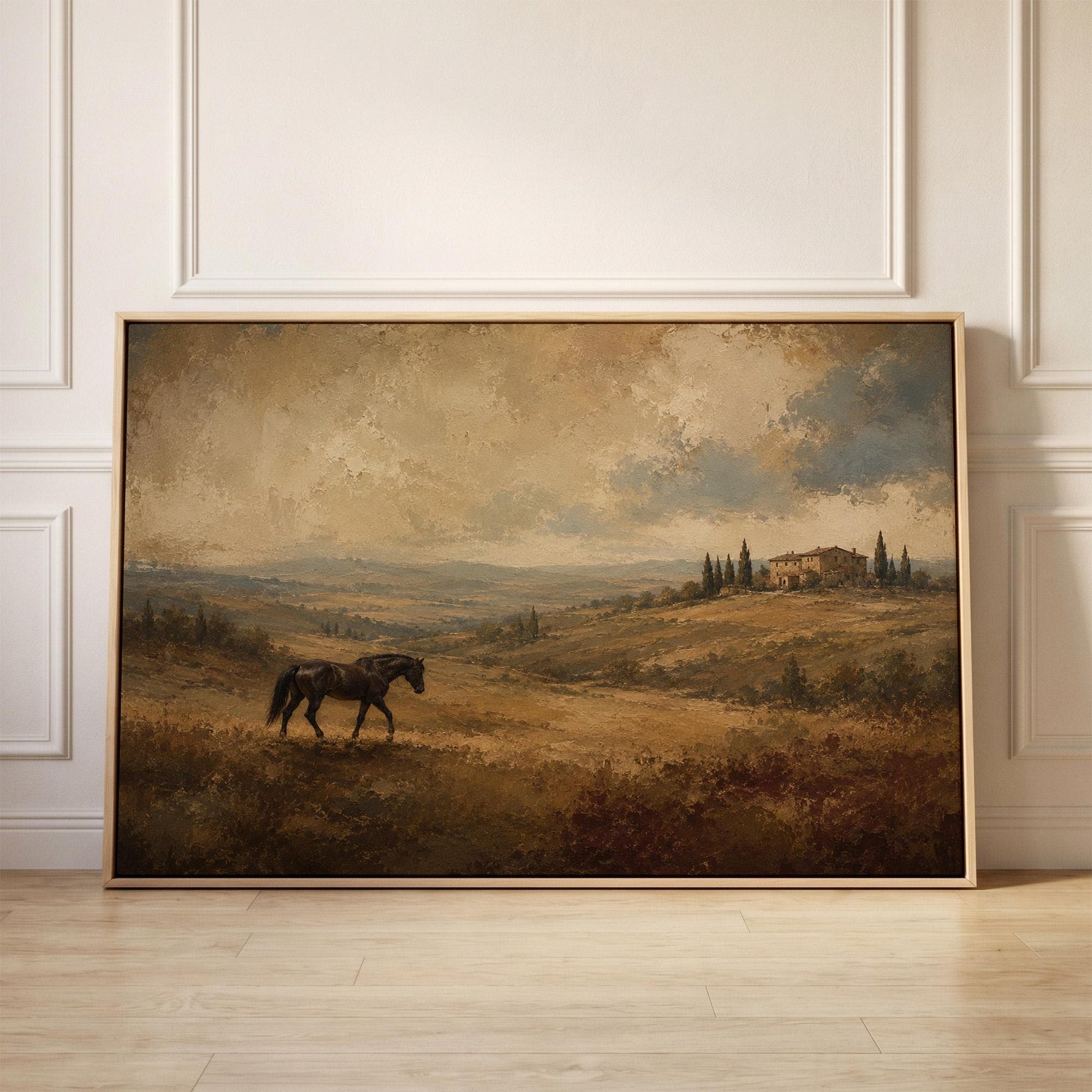 Dark horse grazing on a golden hillside below a Tuscan villa, canvas print held up against a sunlit bedroom wall