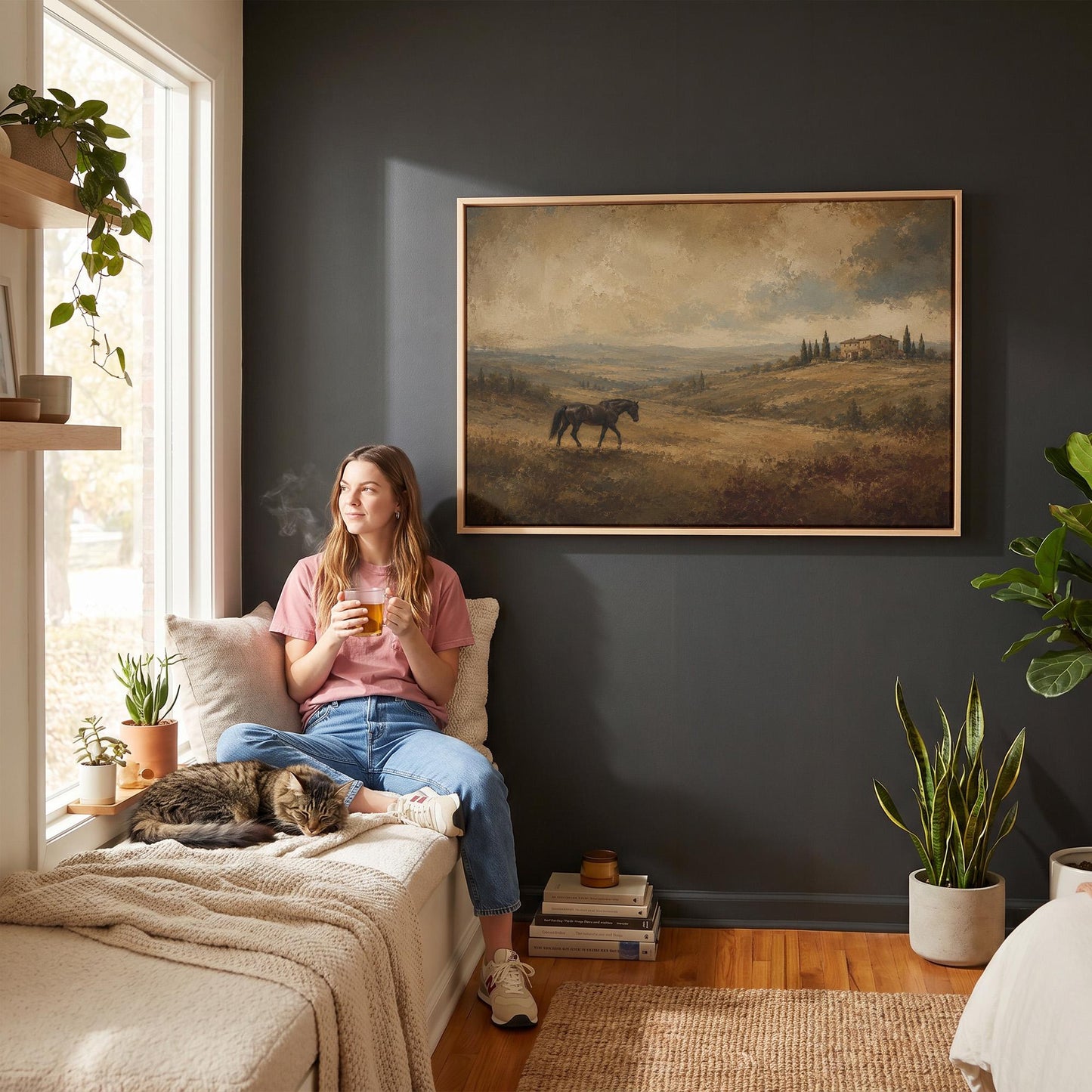 Dark horse grazing on a golden hillside below a Tuscan villa, canvas print hanging in a calm, modern living space