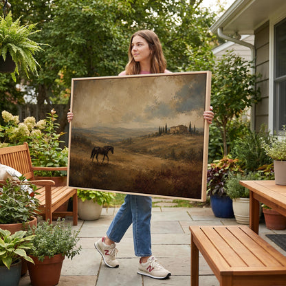 Dark horse grazing on a golden hillside below a Tuscan villa, canvas print presented in a light, minimal room