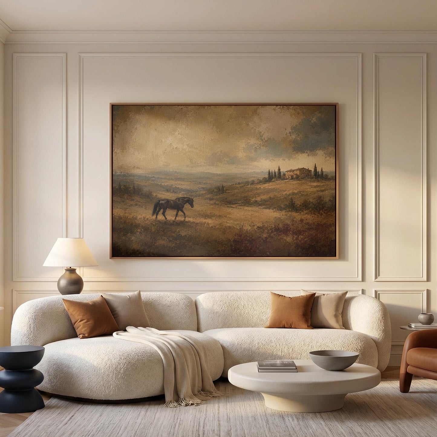 Dark horse grazing on a golden hillside below a Tuscan villa, canvas print displayed on a neutral wall in a styled interior
