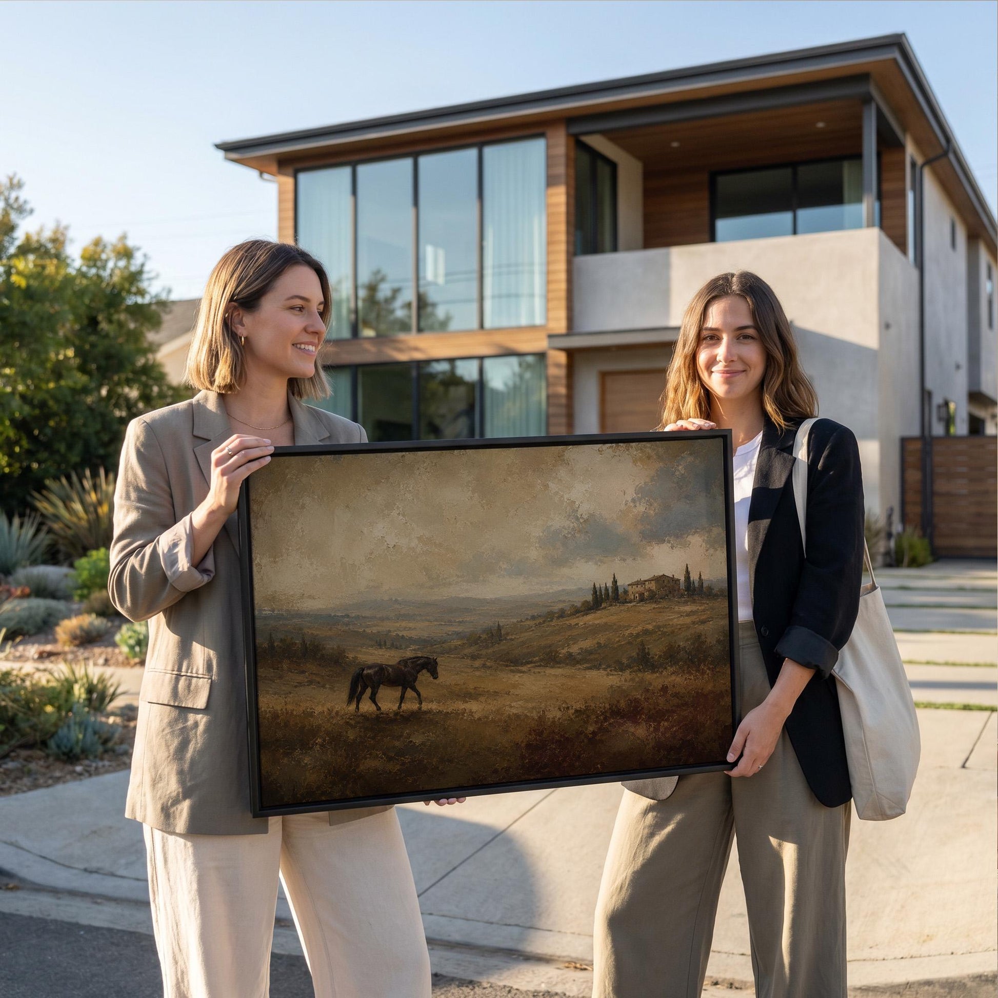 Dark horse grazing on a golden hillside below a Tuscan villa, canvas wall art styled against a soft white wall