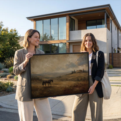 Dark horse grazing on a golden hillside below a Tuscan villa, canvas wall art styled against a soft white wall