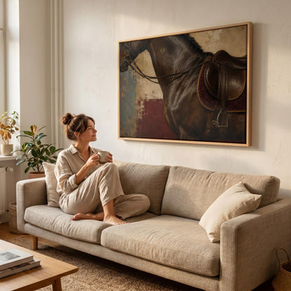 Bay horse in an English saddle with detailed leather tack, canvas print seen in a warm interior with natural light