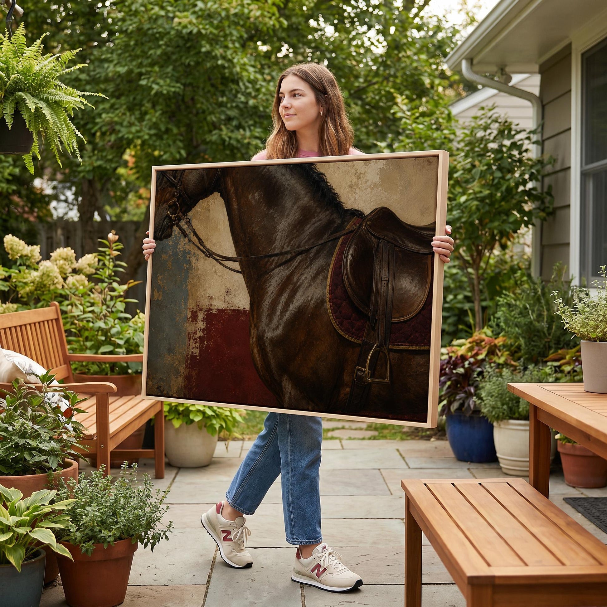 Bay horse in an English saddle with detailed leather tack, canvas print on a quiet wall in a considered interior