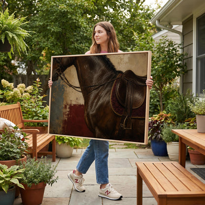 Bay horse in an English saddle with detailed leather tack, canvas print on a quiet wall in a considered interior
