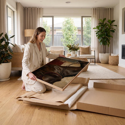 Bay horse in an English saddle with detailed leather tack, canvas wall art hanging in a calm, modern living space