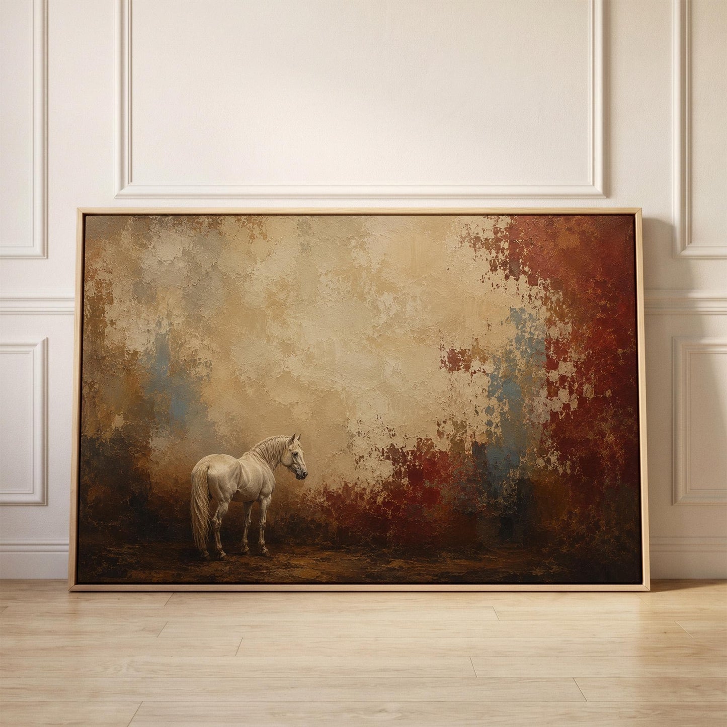 Pale horse standing against a broad rust and cream textured ground, canvas print held up against a sunlit bedroom wall