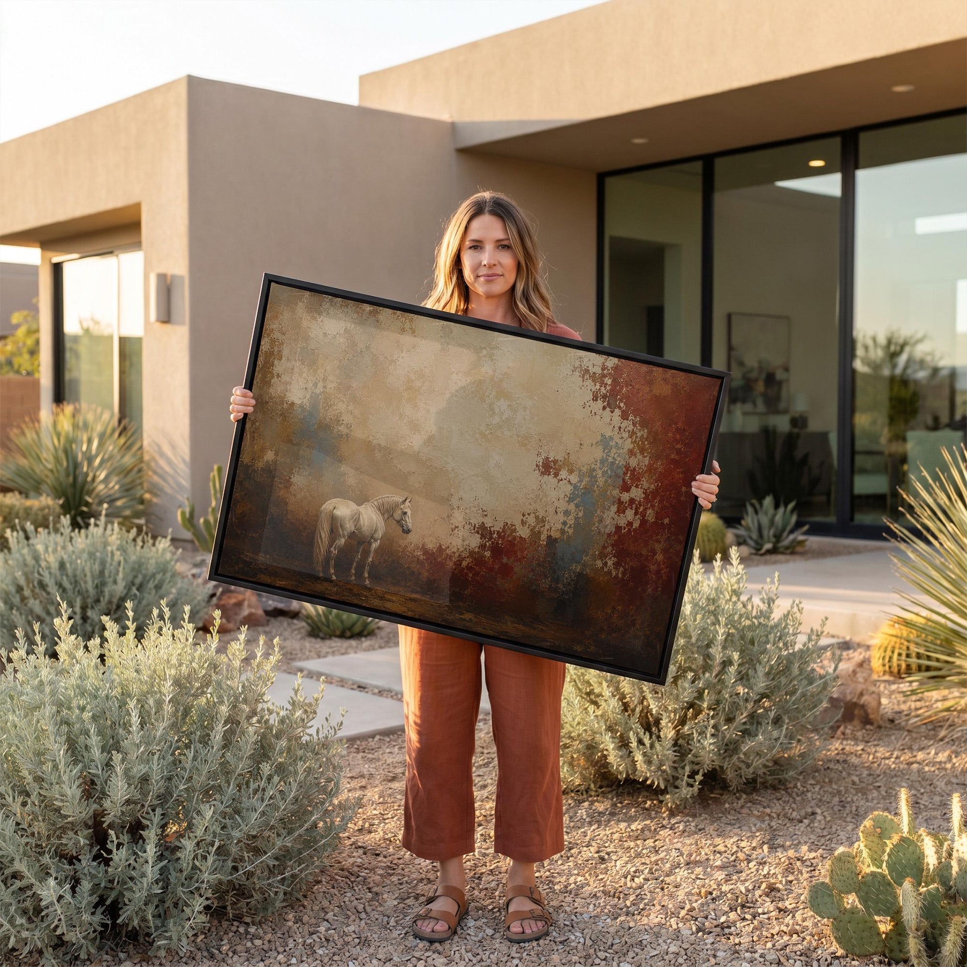 Pale horse standing against a broad rust and cream textured ground, canvas print hanging in a calm, modern living space