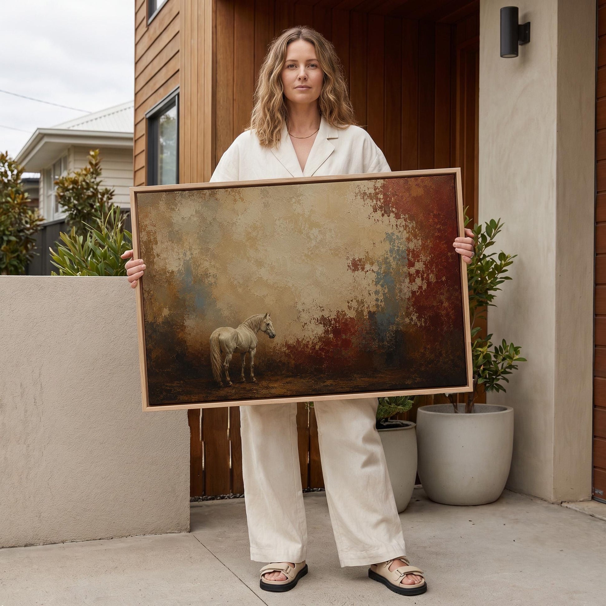 Pale horse standing against a broad rust and cream textured ground, canvas print displayed on a neutral wall in a styled interior