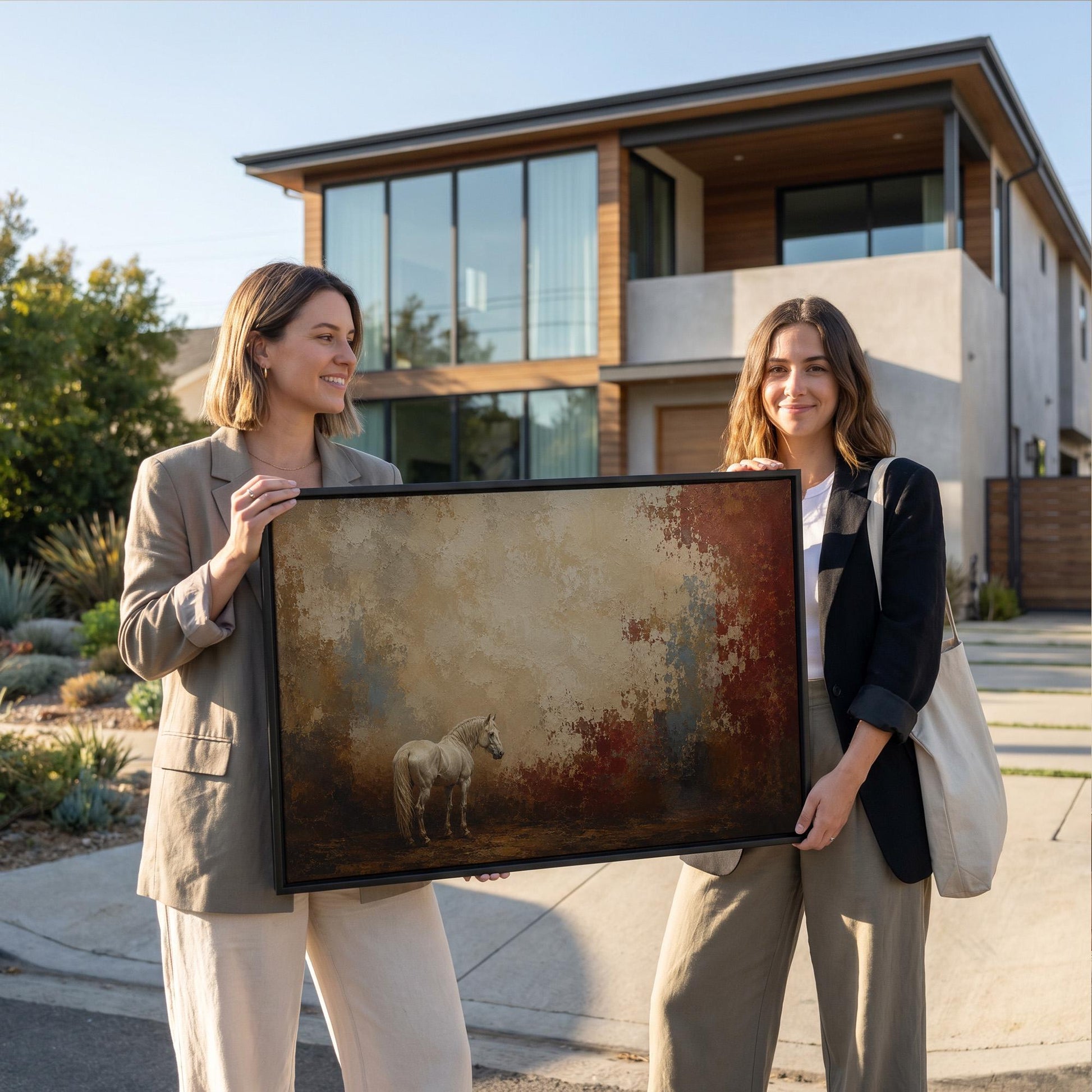 Pale horse standing against a broad rust and cream textured ground, canvas print shown in a sunlit, contemporary room