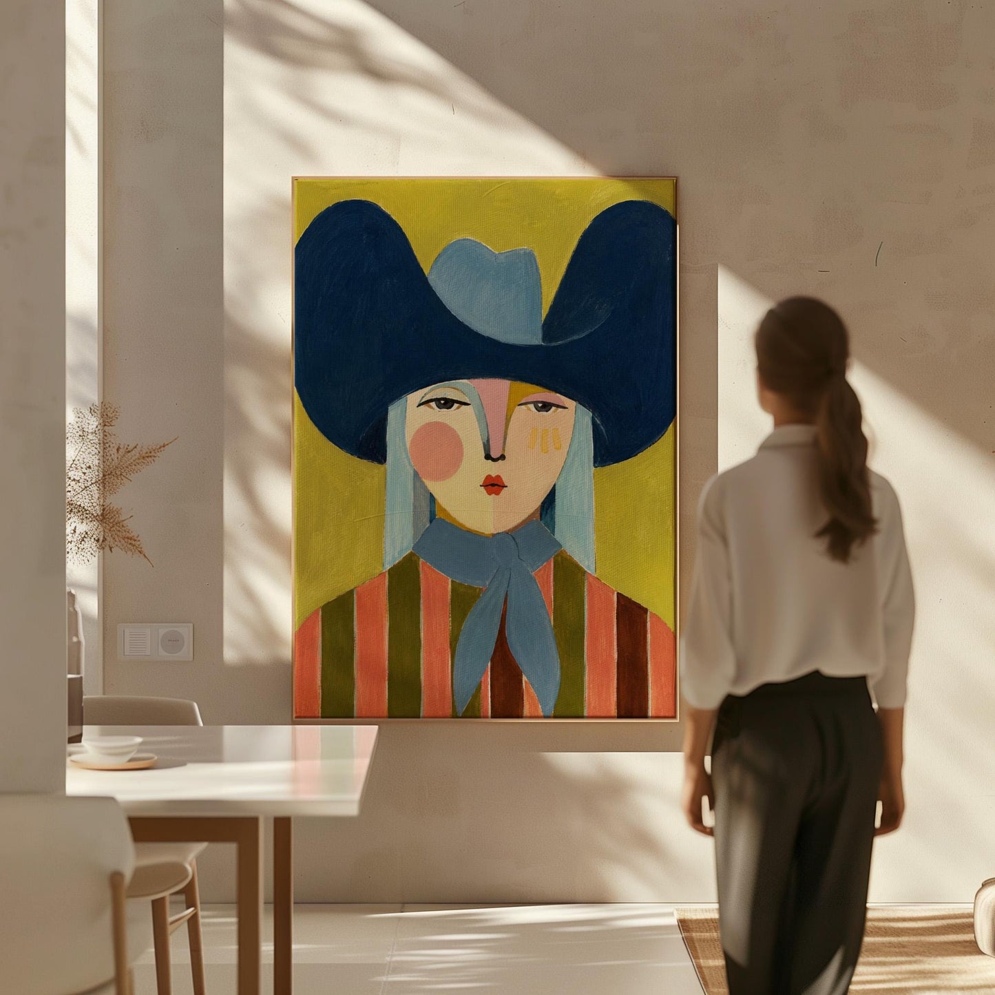 Folk cowgirl in an oversized navy hat and blue neckerchief on mustard, canvas print hanging in a calm, modern living space
