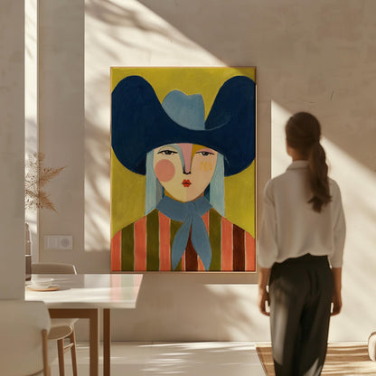 Folk cowgirl in an oversized navy hat and blue neckerchief on mustard, canvas print hanging in a calm, modern living space