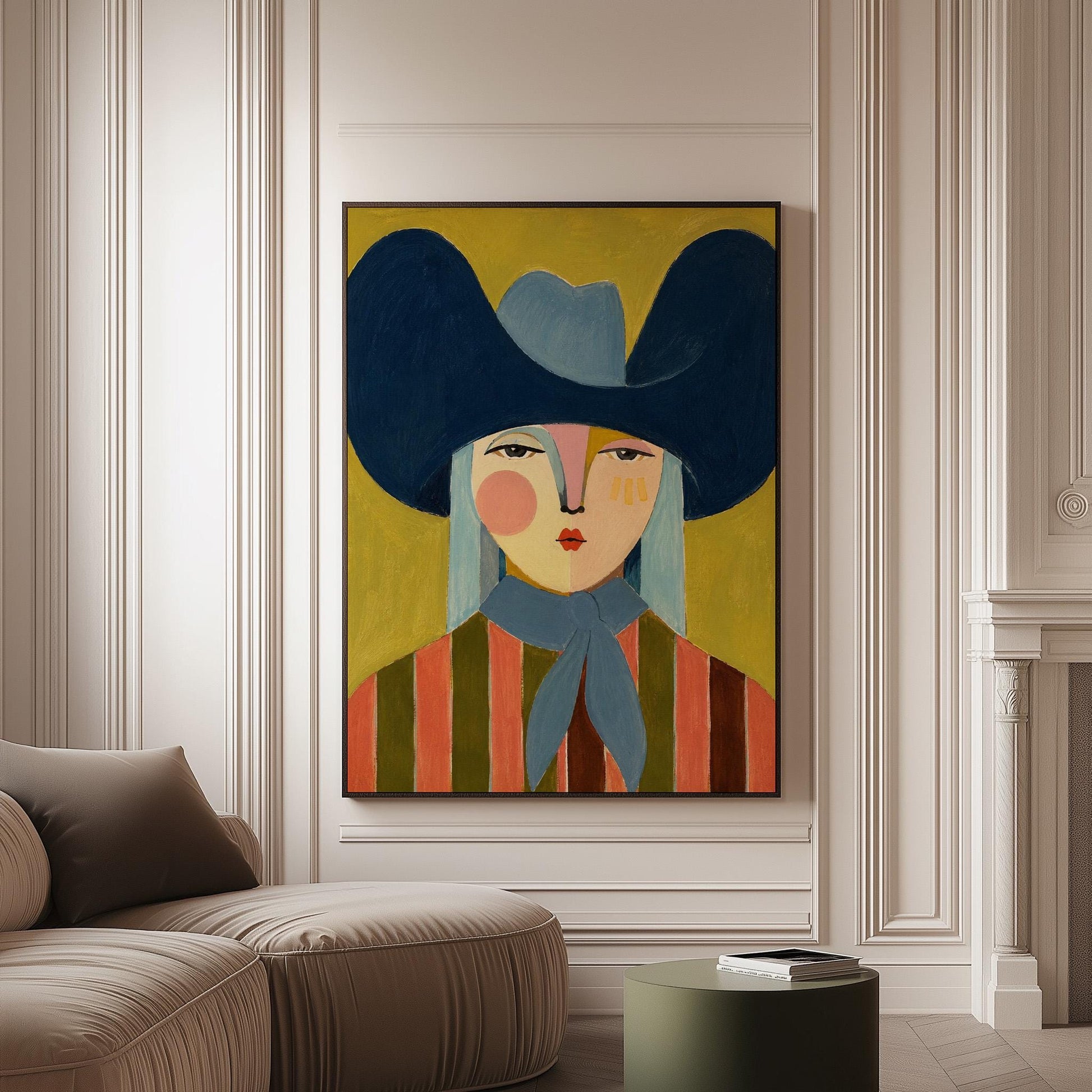 Folk cowgirl in an oversized navy hat and blue neckerchief on mustard, canvas print on a softly lit wall in a calm interior