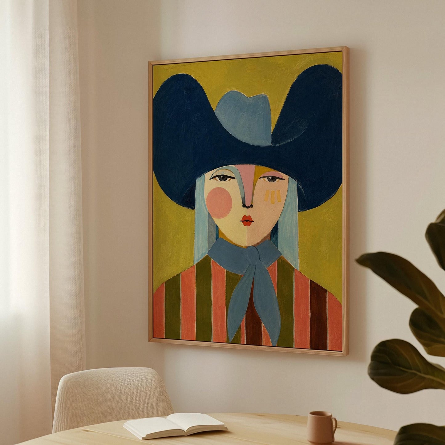 Folk cowgirl in an oversized navy hat and blue neckerchief on mustard, canvas print on a quiet wall in a considered interior