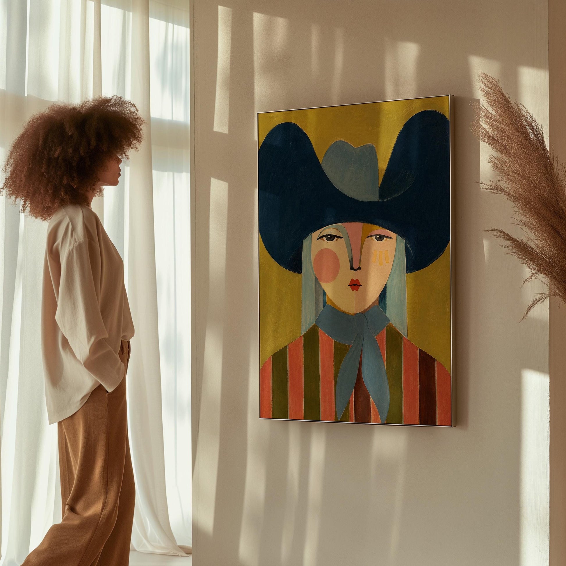 Folk cowgirl in an oversized navy hat and blue neckerchief on mustard, canvas print displayed on a neutral wall in a styled interior