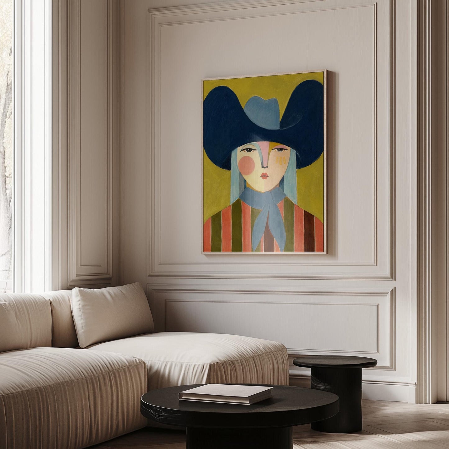 Folk cowgirl in an oversized navy hat and blue neckerchief on mustard, canvas print seen in a warm interior with natural light