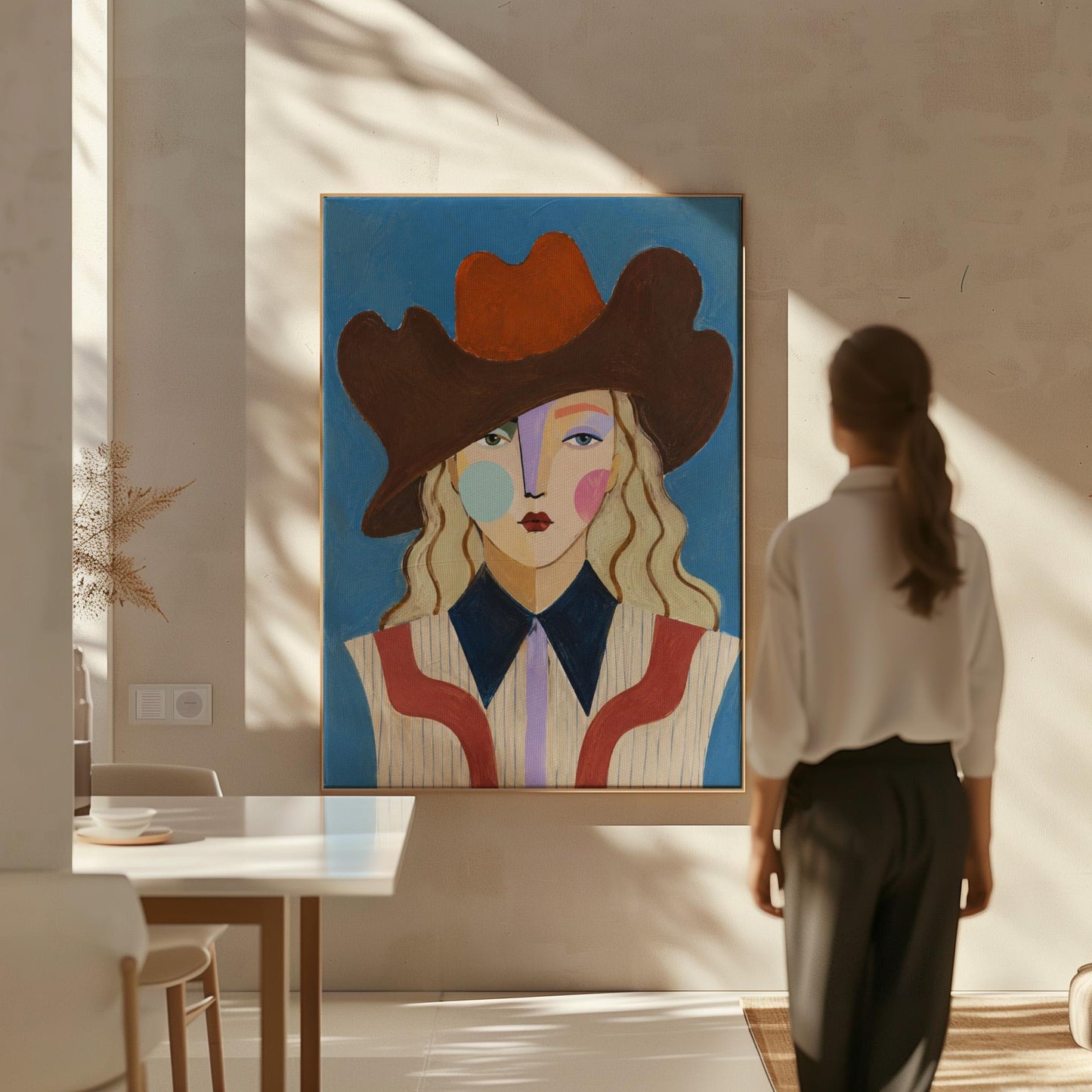 Blonde cowgirl in a rust cowboy hat with a cubist face on deep blue, canvas print shown to scale in a furnished room