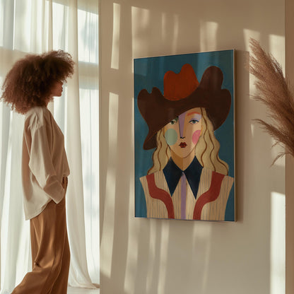 Blonde cowgirl in a rust cowboy hat with a cubist face on deep blue, canvas print displayed on a neutral wall in a styled interior