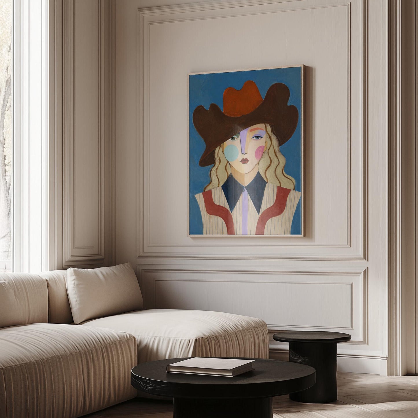 Blonde cowgirl in a rust cowboy hat with a cubist face on deep blue, canvas print shown in a sunlit, contemporary room