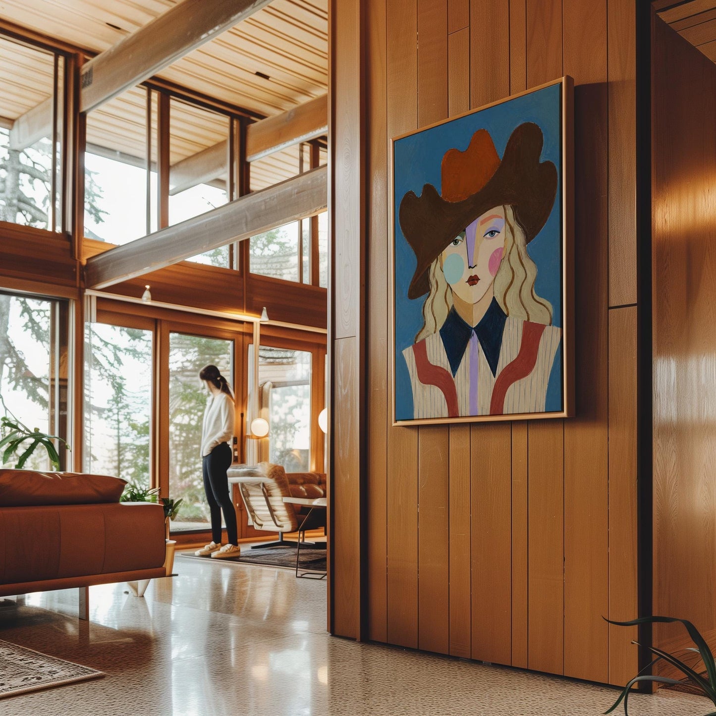 Blonde cowgirl in a rust cowboy hat with a cubist face on deep blue, canvas wall art on a quiet wall in a considered interior