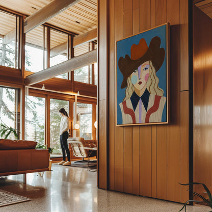 Blonde cowgirl in a rust cowboy hat with a cubist face on deep blue, canvas wall art on a quiet wall in a considered interior