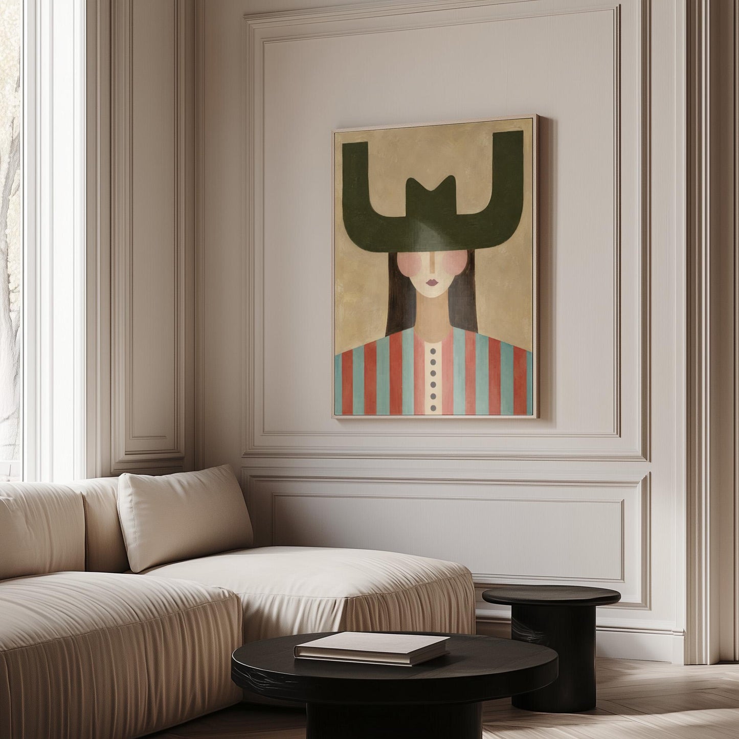 Minimal cowgirl with a bold green hat and red-teal striped shirt on cream, canvas print styled against a soft white wall