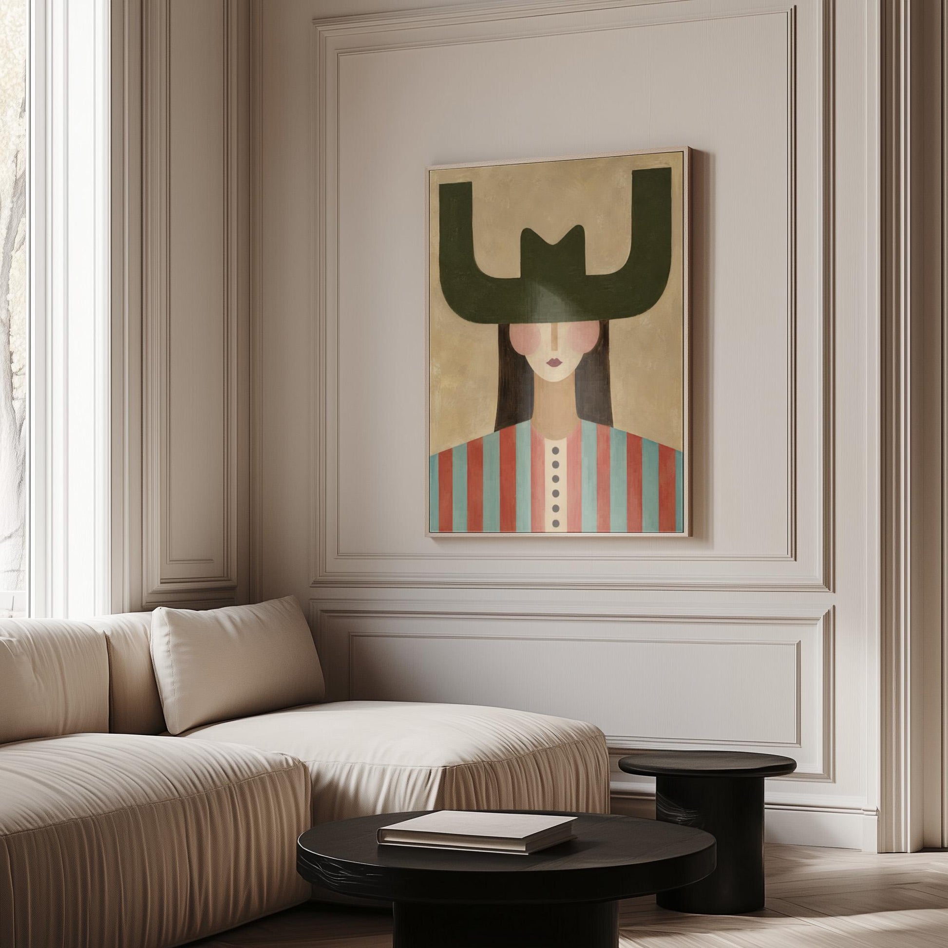Minimal cowgirl with a bold green hat and red-teal striped shirt on cream, canvas print styled against a soft white wall
