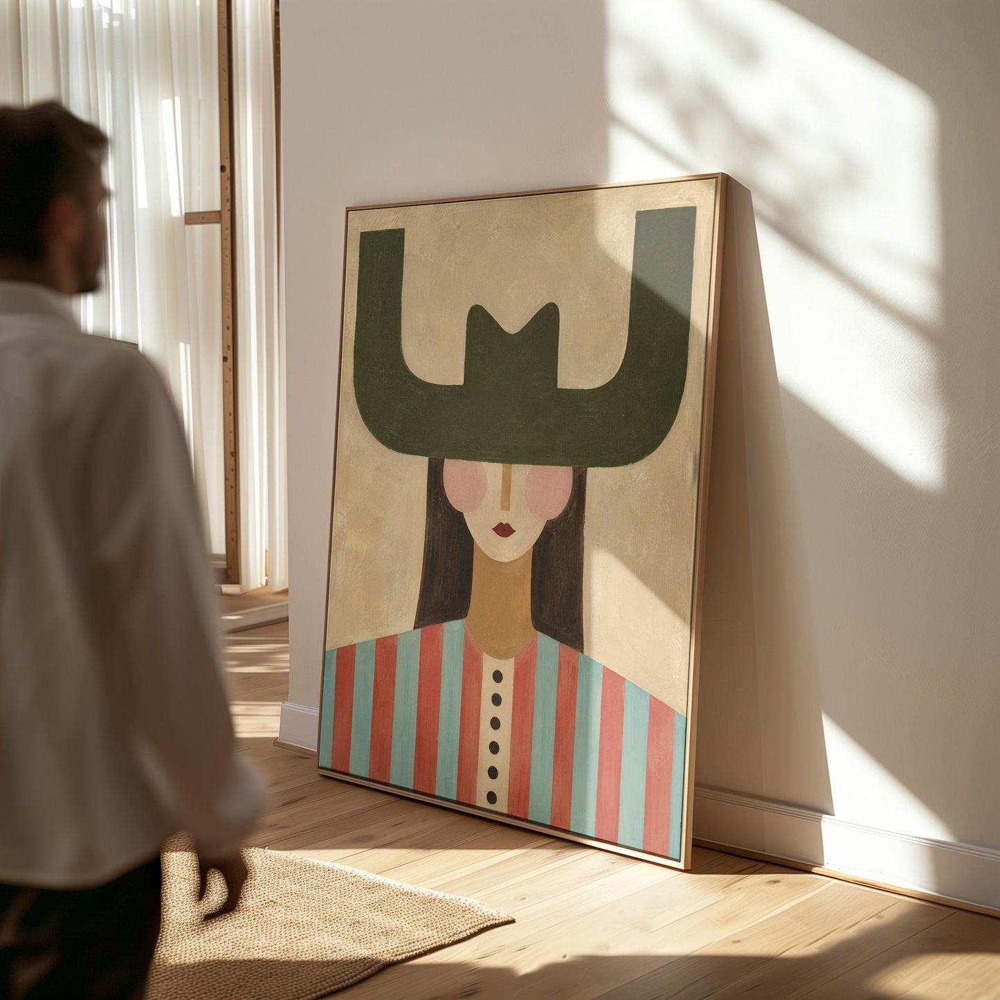 Minimal cowgirl with a bold green hat and red-teal striped shirt on cream, canvas print displayed on a neutral wall in a styled interior