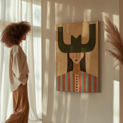 Minimal cowgirl with a bold green hat and red-teal striped shirt on cream, canvas wall art on a quiet wall in a considered interior