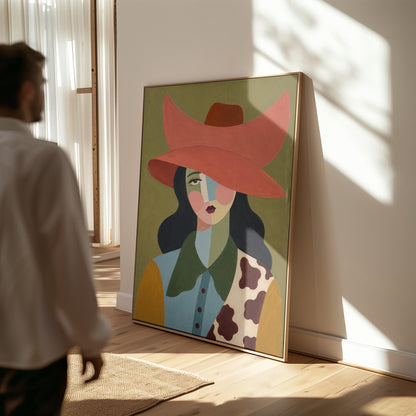 Cowgirl in a wide coral hat with a cubist face and cow-print collar on olive, canvas print hanging in a calm, modern living space