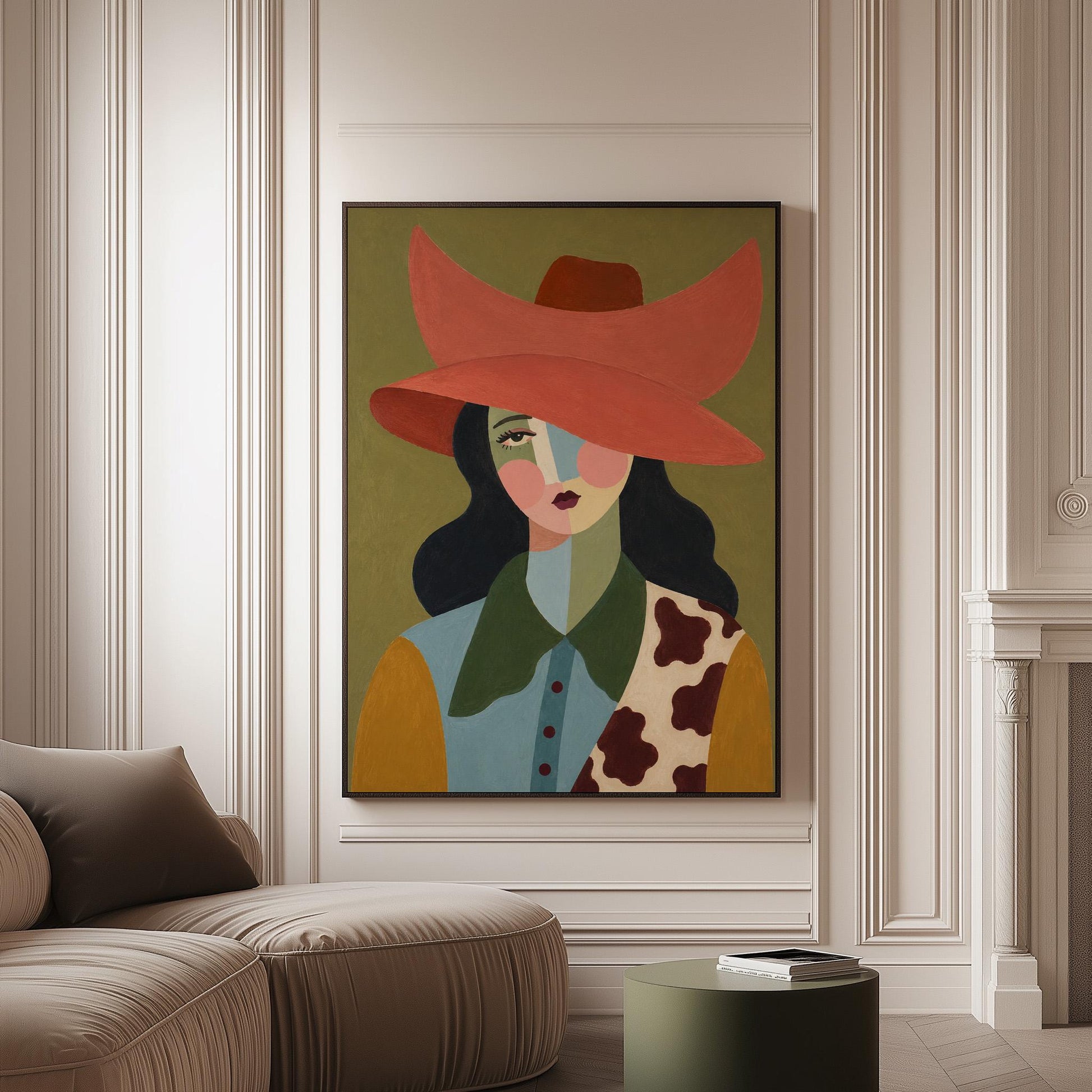 Cowgirl in a wide coral hat with a cubist face and cow-print collar on olive, canvas print on a softly lit wall in a calm interior