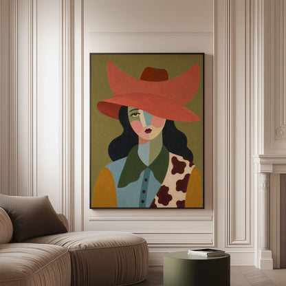 Cowgirl in a wide coral hat with a cubist face and cow-print collar on olive, canvas print on a softly lit wall in a calm interior