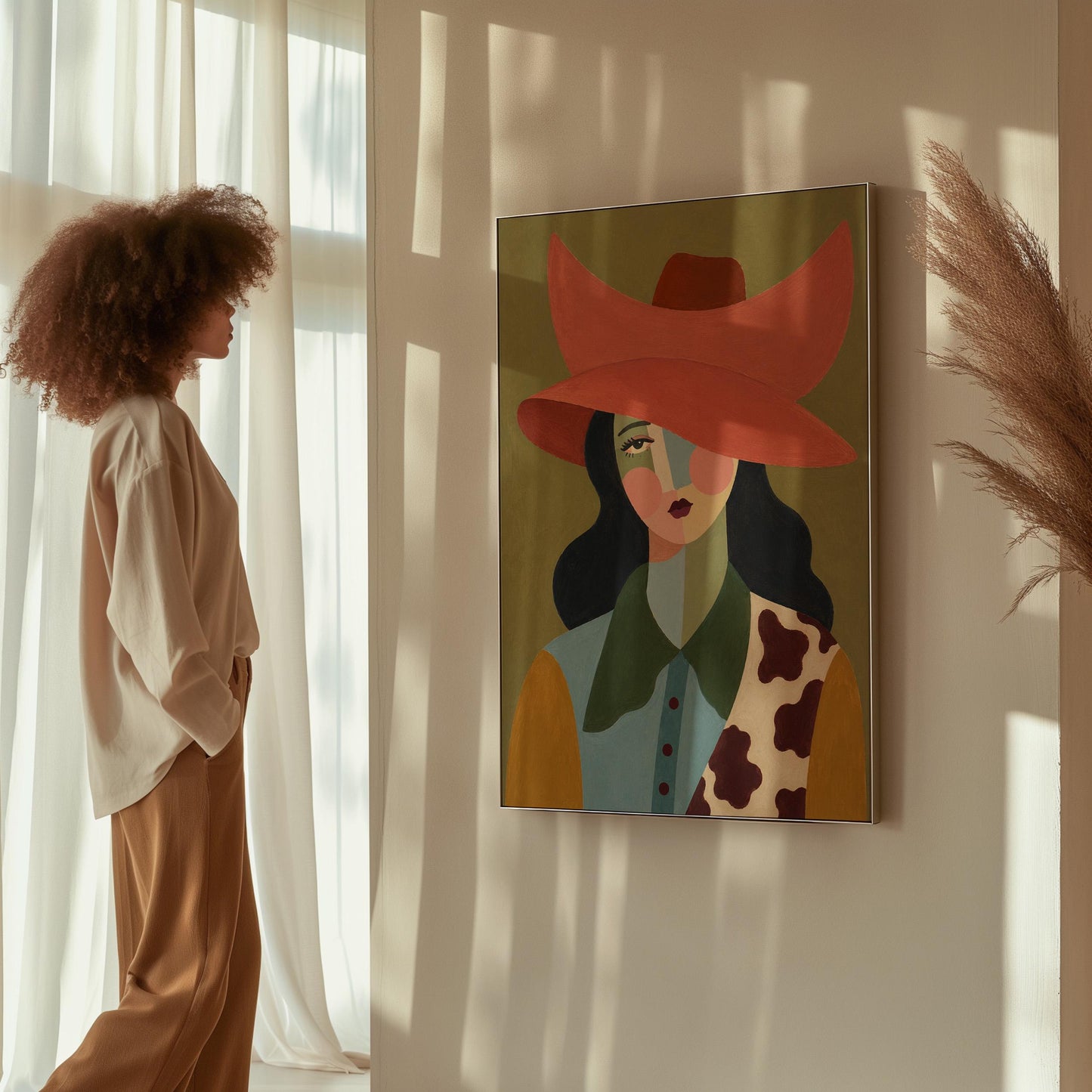 Cowgirl in a wide coral hat with a cubist face and cow-print collar on olive, canvas wall art presented in a light, minimal room