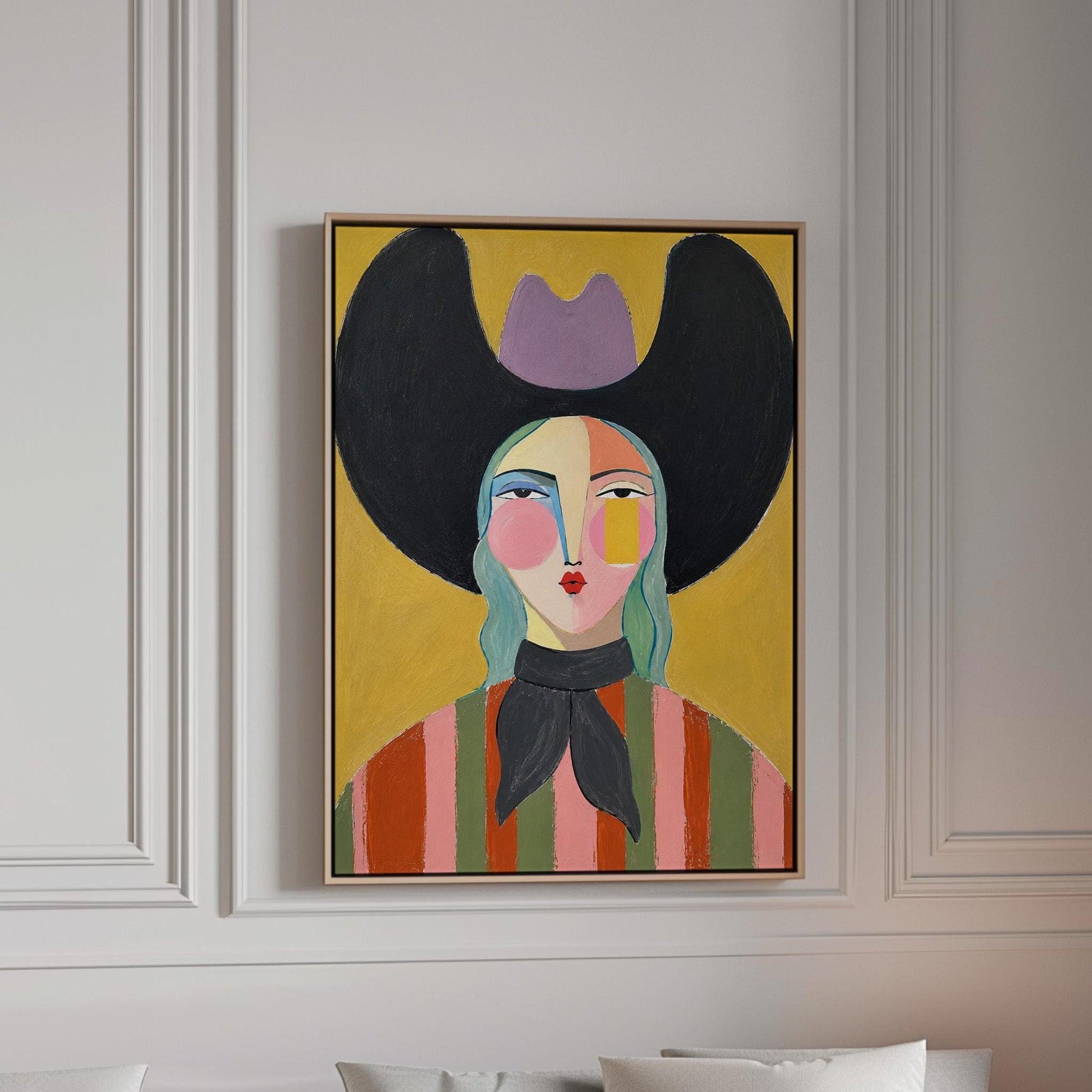 Folk cowgirl with teal hair, a big black hat and striped shirt on golden yellow, canvas print in a bright room with natural daylight