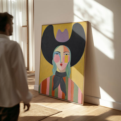 Folk cowgirl with teal hair, a big black hat and striped shirt on golden yellow, canvas print styled against a soft white wall