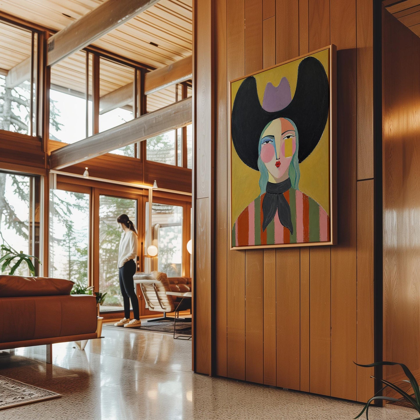 Folk cowgirl with teal hair, a big black hat and striped shirt on golden yellow, canvas print presented in a light, minimal room